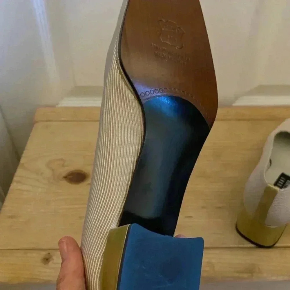 Stuart Weitzman Cream Fabric Square Heel Shoes - image 7